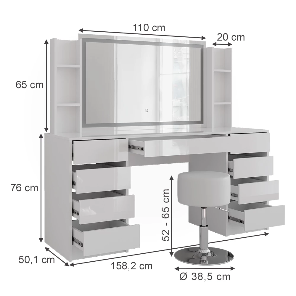 Schminktisch in Weiß/Weiß Hochglanz auf weißem Hintergrund mit sichtbaren Maßen
