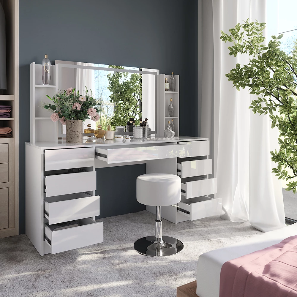 Nahaufnahme von Schminktisch in Weiß/Weiß Hochglanz, zeigt Design- und Oberflächendetails