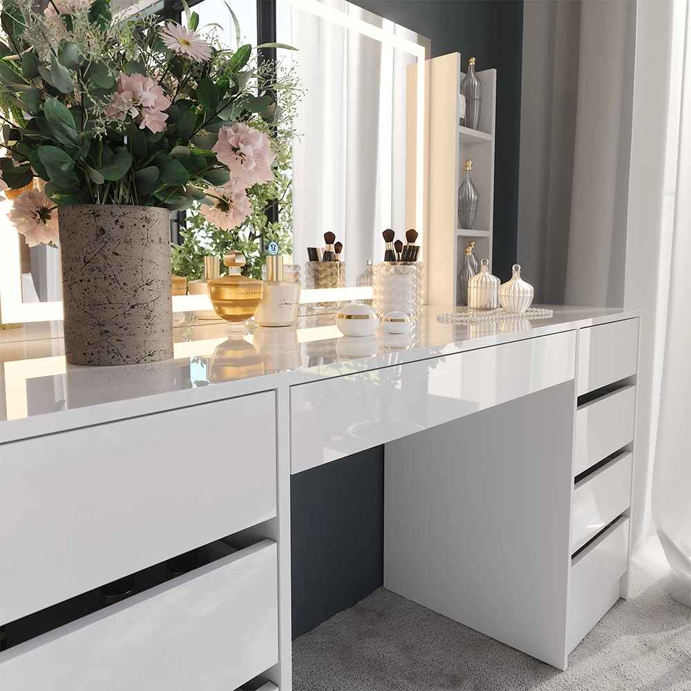 Gros plan de Coiffeuse en blanc/blanc brillant, montrant la texture/les détails