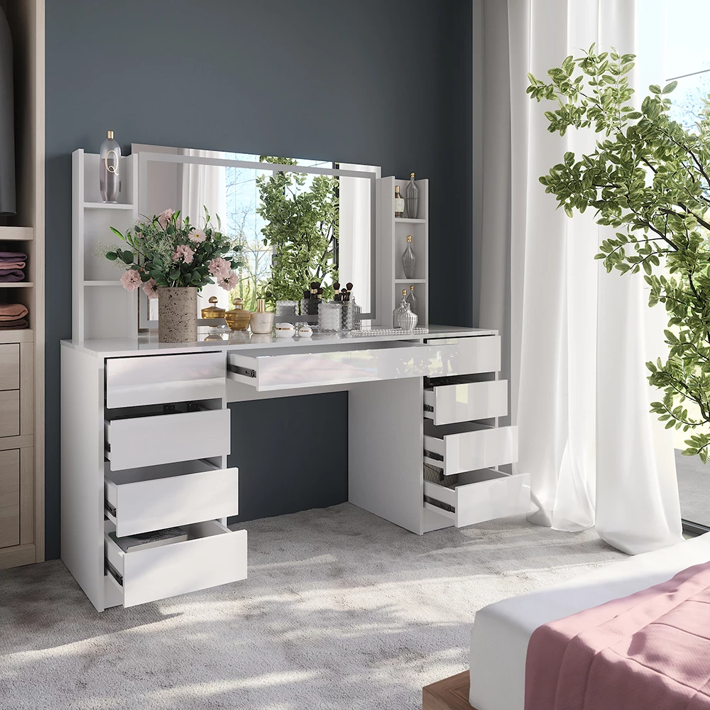 Gros plan de Coiffeuse en blanc/blanc brillant, montrant le design et les détails de surface