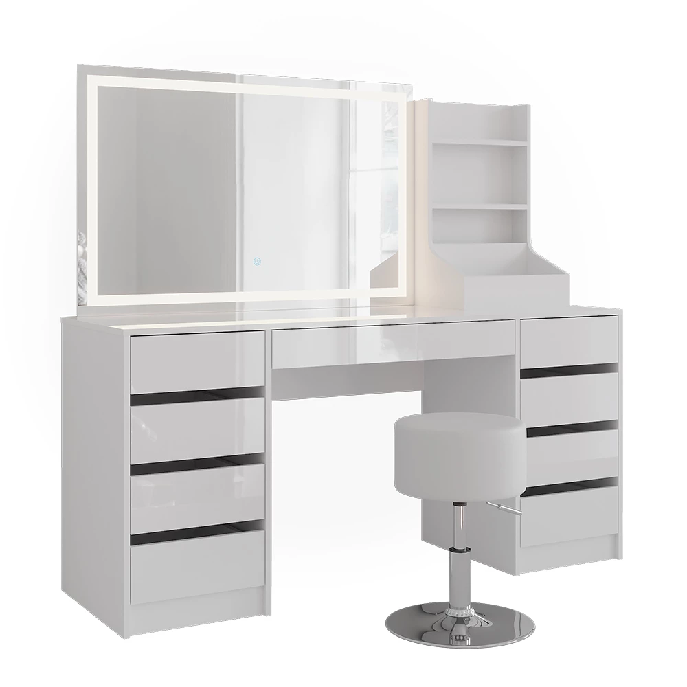 Kaptafel set met kruk in Wit/wit hoogglans op een witte achtergrond