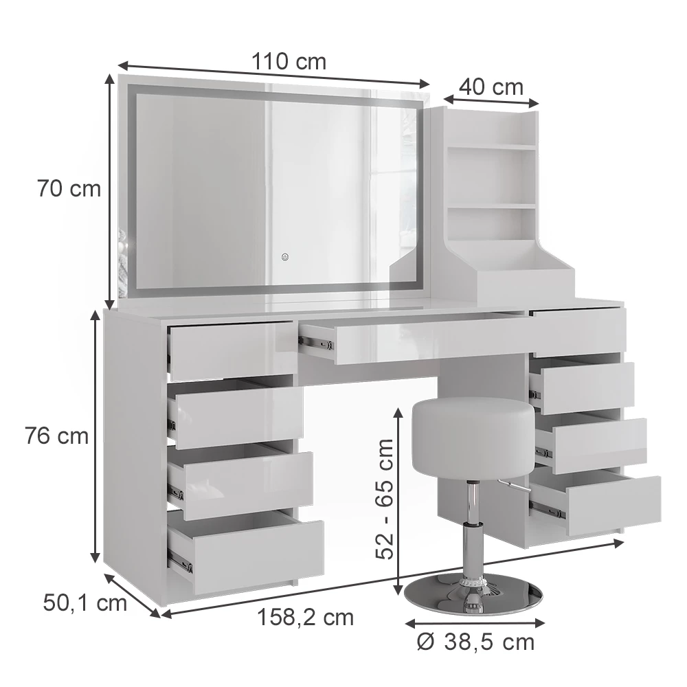 Kaptafel set met kruk in Wit/wit hoogglans op een witte achtergrond met zichtbare afmetingen