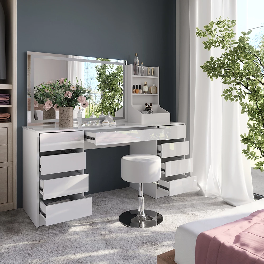 Close-up van Kaptafel set met kruk in Wit/wit hoogglans, met ontwerp- en oppervlakte-details