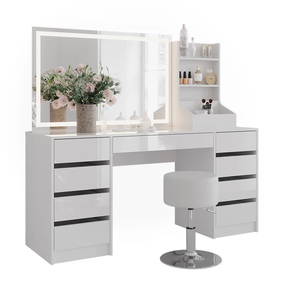 Kaptafel set met kruk in Wit/wit hoogglans op een witte achtergrond met decoratieve elementen