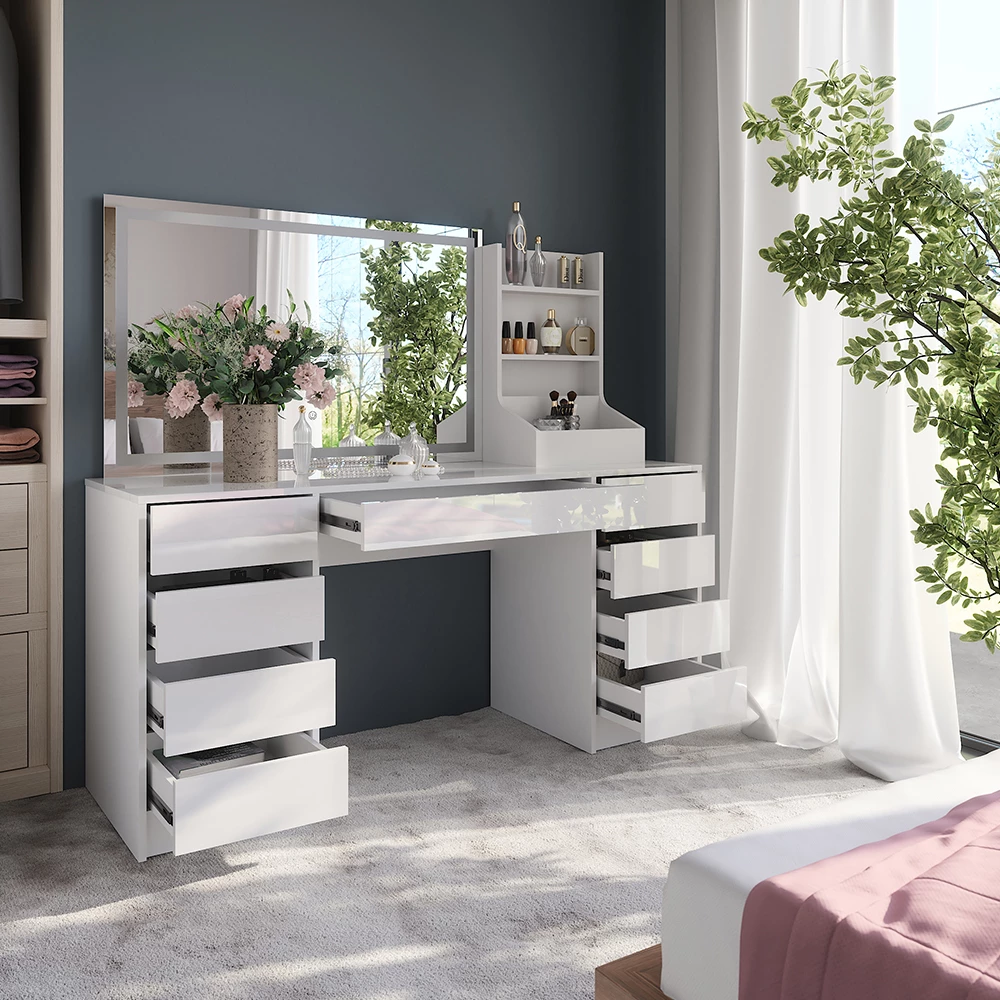 Nahaufnahme von Schminktisch in Weiß/Weiß Hochglanz, zeigt Design- und Oberflächendetails