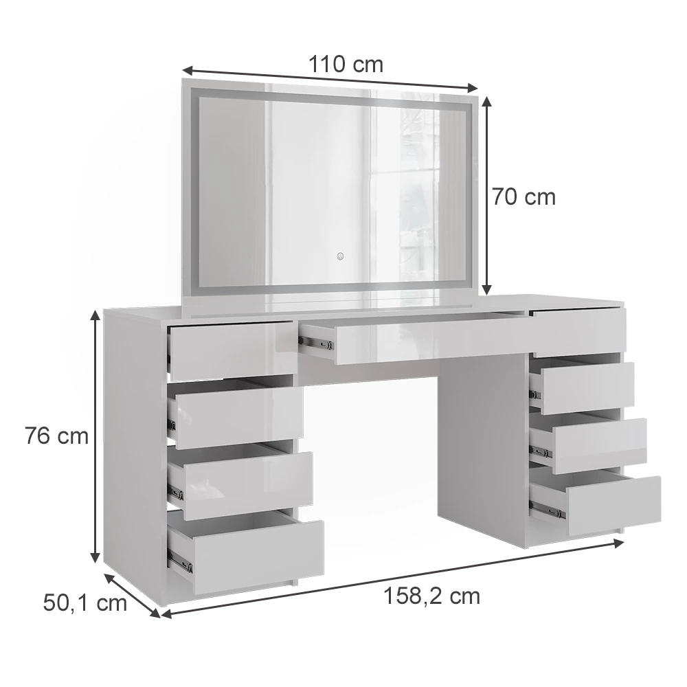 Vanity table in White/white high gloss on white background with visible dimensions