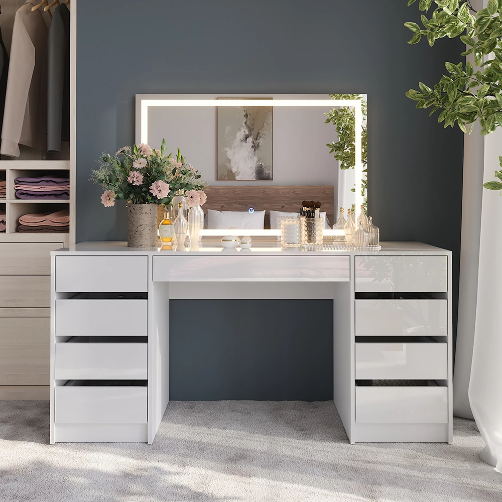 Vanity table in White/white high gloss shown in ambient setting with decoration