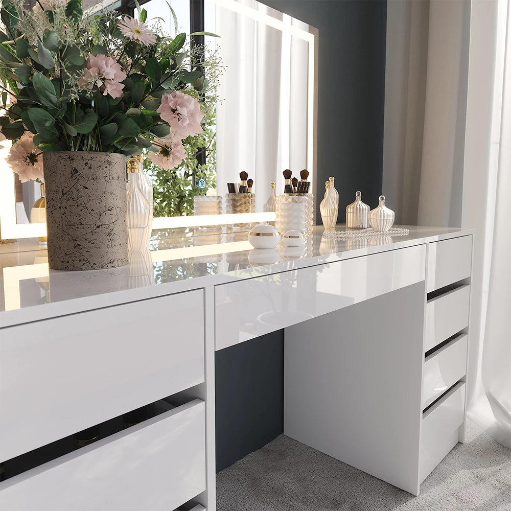 Close-up of Vanity table in White/white high gloss, showing texture/details
