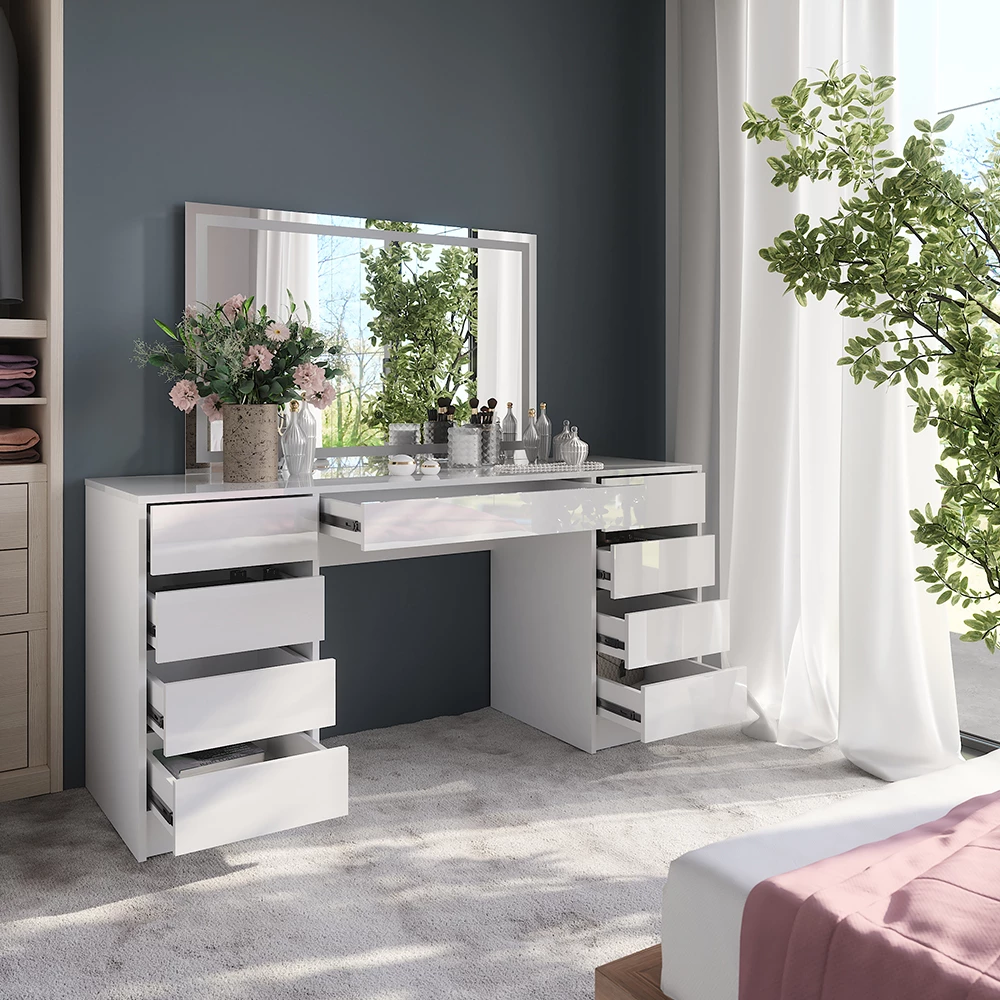 Close-up of Vanity table in White/white high gloss, showing design and surface details