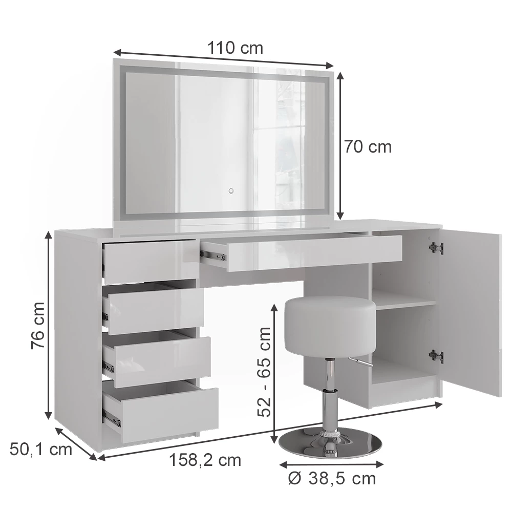 Makeupbord i farven Hvid/hvid højglans på hvid baggrund med synlige dimensioner