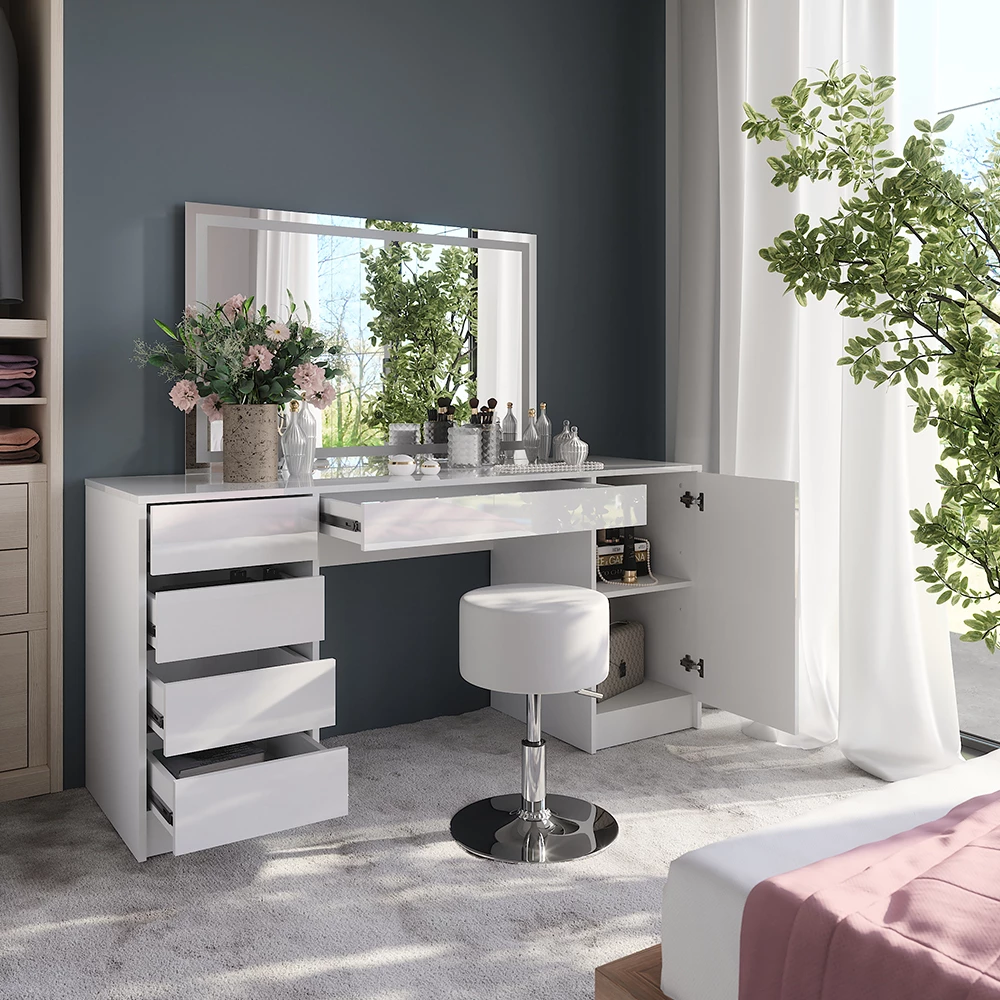 Nærbillede af Makeupbord i farven Hvid/hvid højglans, der viser design og overfladedetaljer