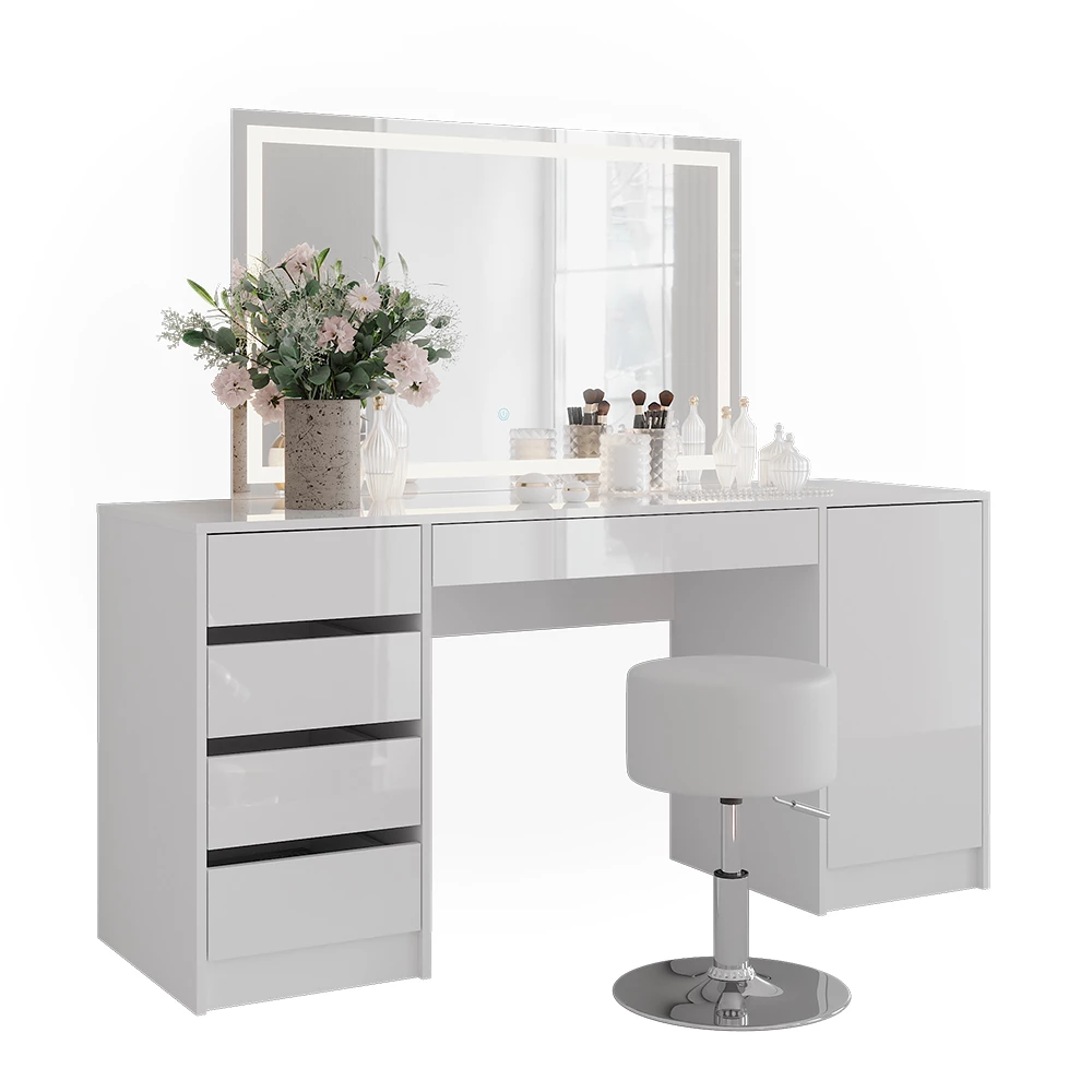 Makeupbord i farven Hvid/hvid højglans på hvid baggrund med dekorative elementer