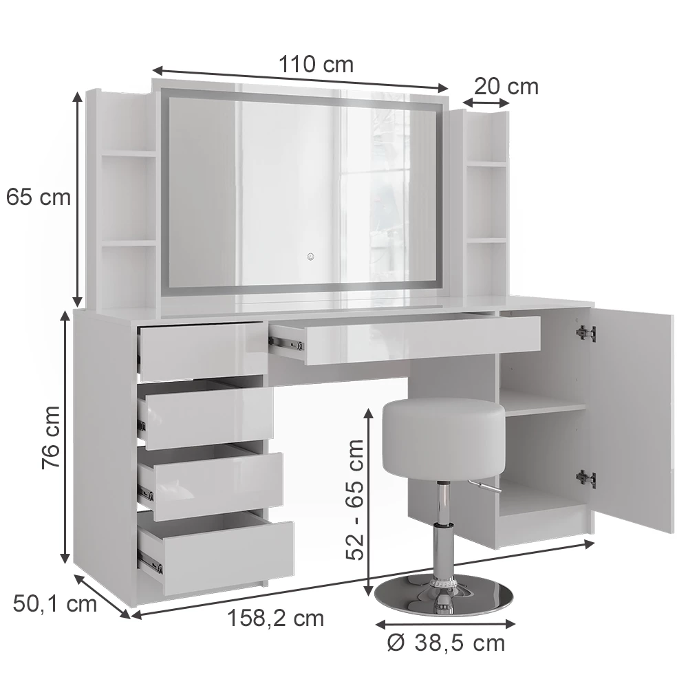 Vanity table in White/white high gloss on white background with visible dimensions