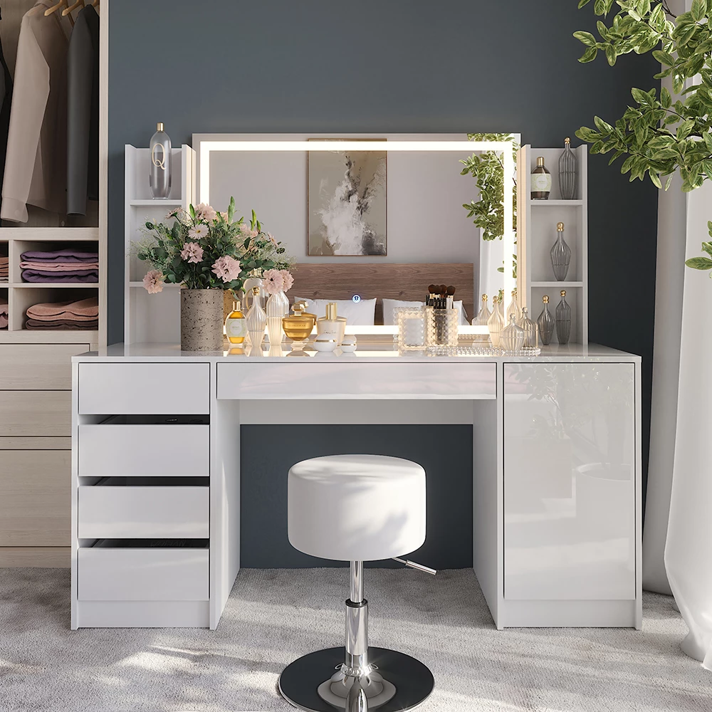 Vanity table in White/white high gloss shown in ambient setting with decoration