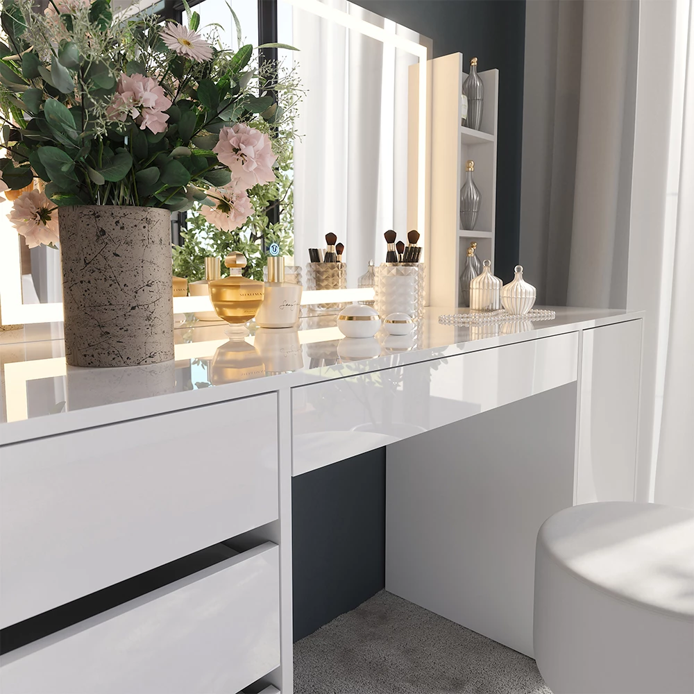 Close-up of Vanity table in White/white high gloss, showing texture/details