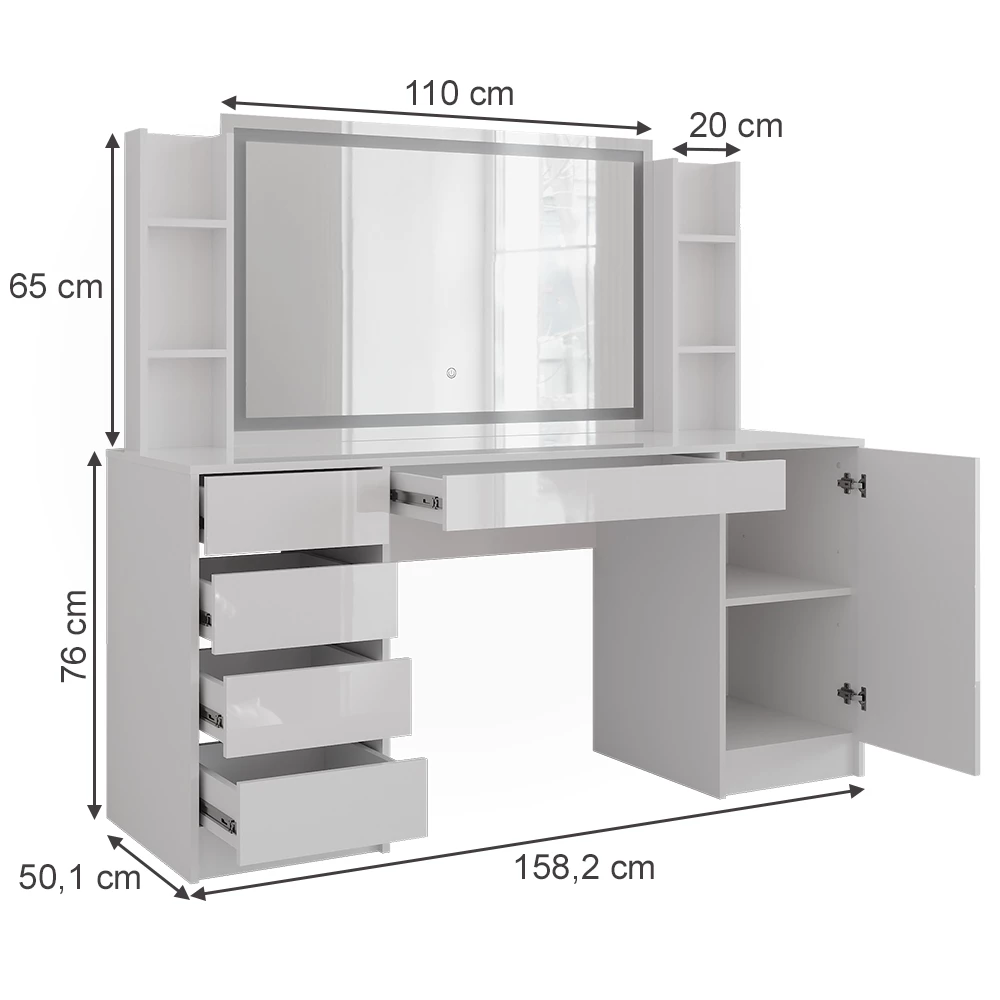 Schminktisch in Weiß/Weiß Hochglanz auf weißem Hintergrund mit sichtbaren Maßen