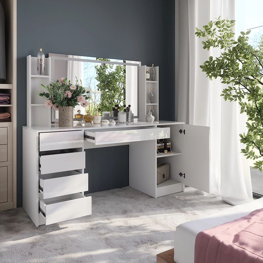 Nahaufnahme von Schminktisch in Weiß/Weiß Hochglanz, zeigt Design- und Oberflächendetails