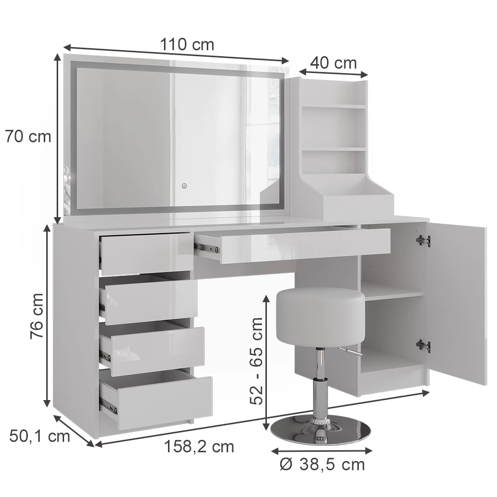 Coiffeuse en blanc/blanc brillant sur fond blanc avec dimensions visibles