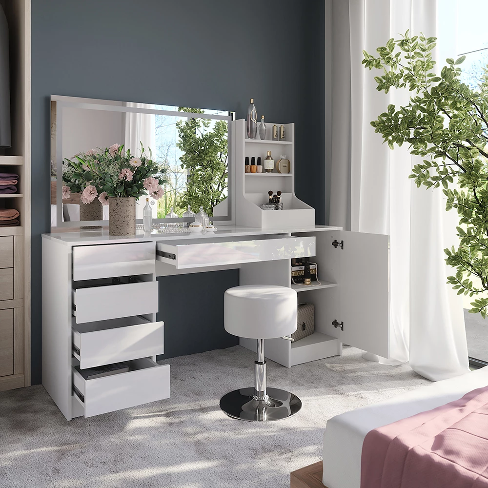 Gros plan de Coiffeuse en blanc/blanc brillant, montrant le design et les détails de surface