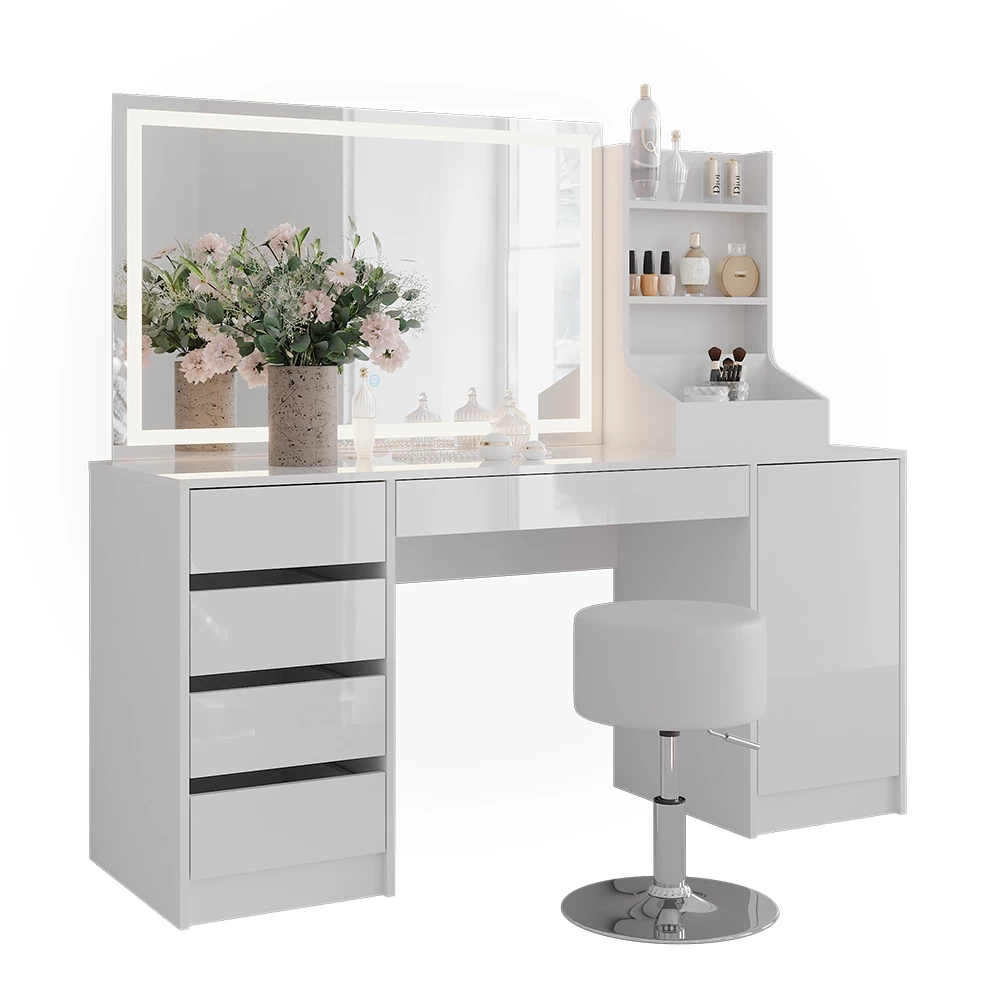 Coiffeuse en blanc/blanc brillant sur fond blanc avec des éléments décoratifs
