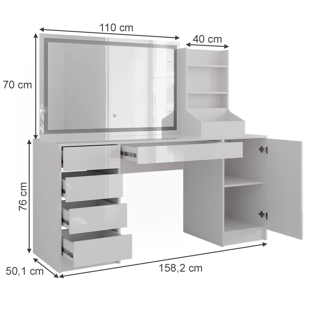 Makeupbord i farven Hvid/hvid højglans på hvid baggrund med synlige dimensioner