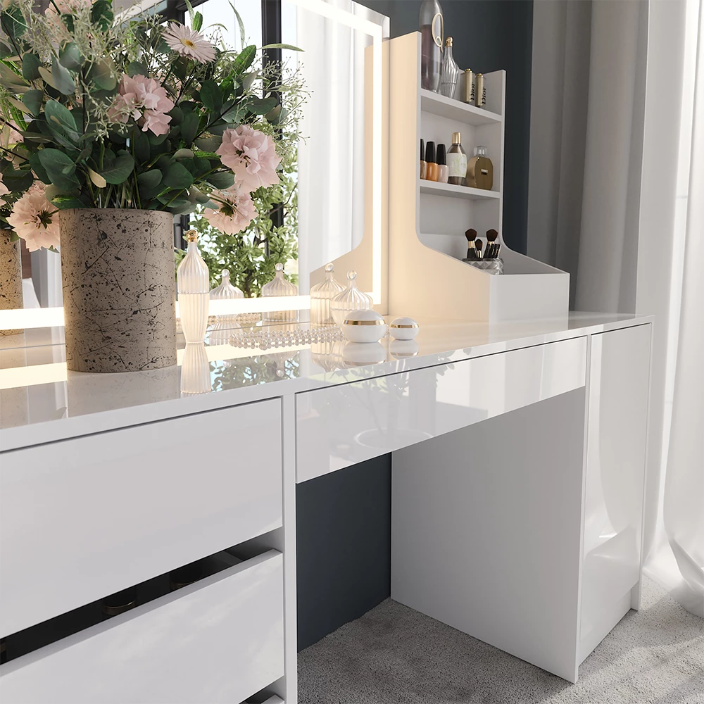 Nærbillede af Makeupbord i farven Hvid/hvid højglans, der viser struktur/detaljer