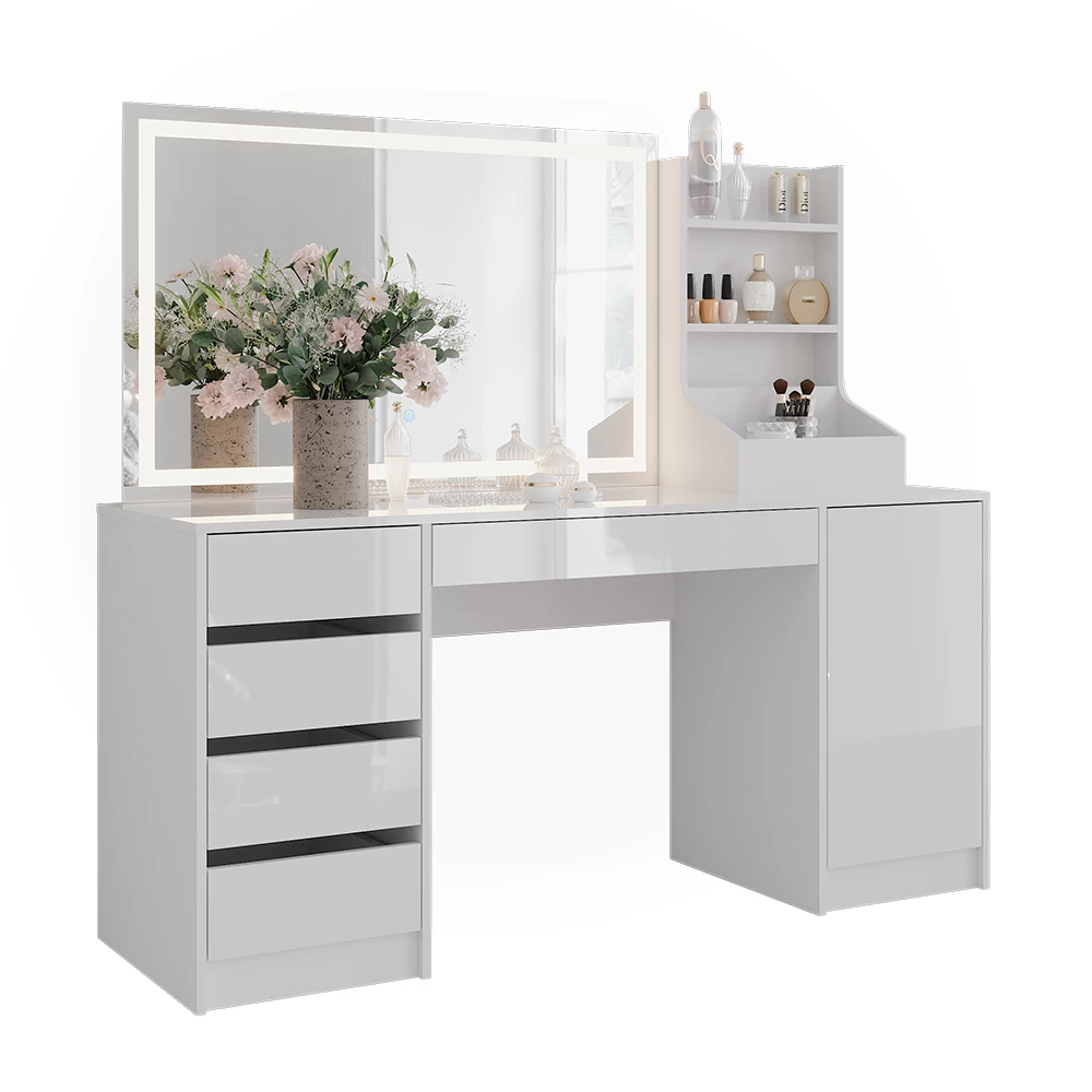 Makeupbord i farven Hvid/hvid højglans på hvid baggrund med dekorative elementer