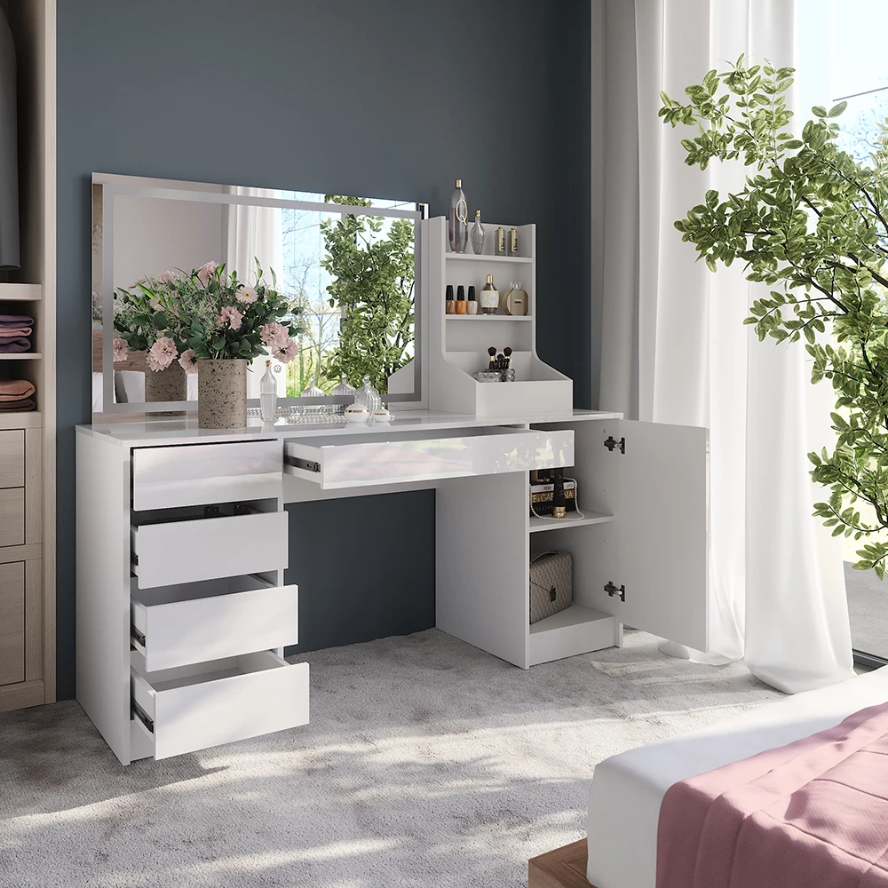 Nærbillede af Makeupbord i farven Hvid/hvid højglans, der viser design og overfladedetaljer