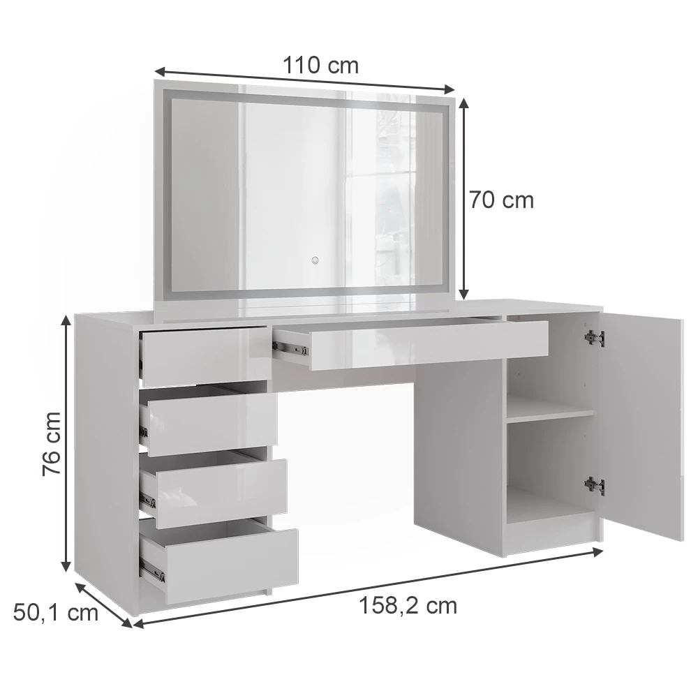 Schminktisch in Weiß/Weiß Hochglanz auf weißem Hintergrund mit sichtbaren Maßen