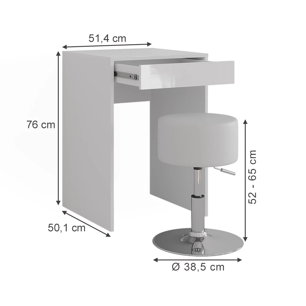 Makeupbord i farven Hvid/hvid højglans på hvid baggrund med synlige dimensioner