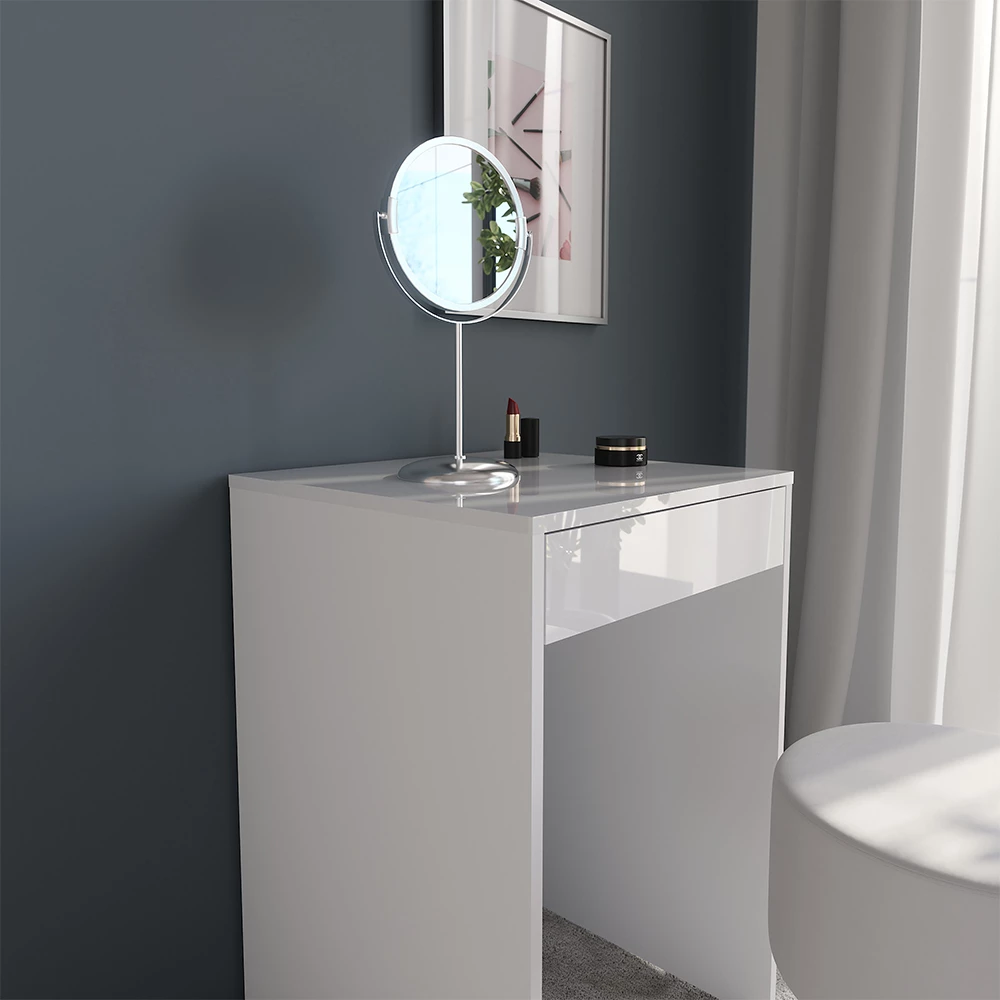 Nærbillede af Makeupbord i farven Hvid/hvid højglans, der viser struktur/detaljer