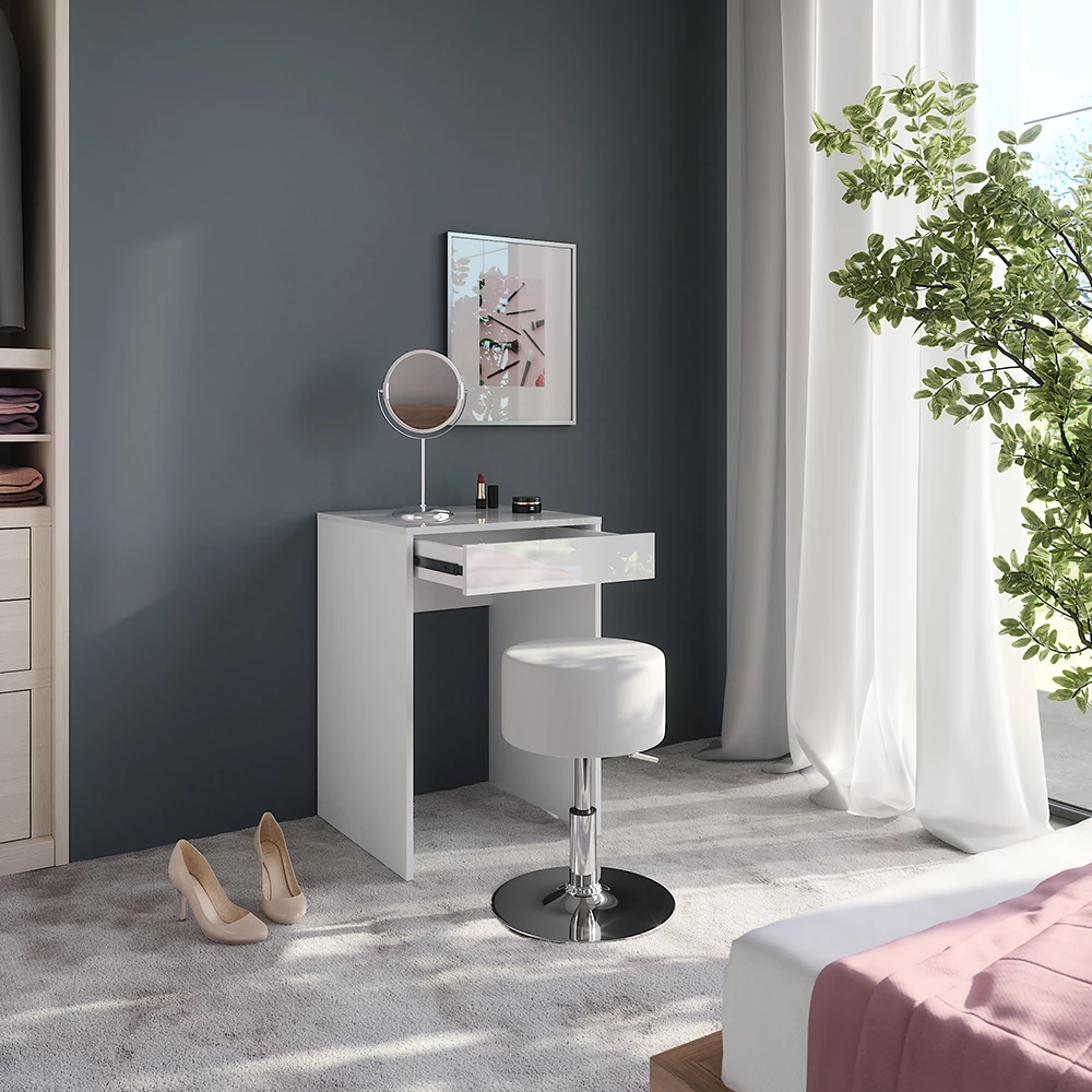 Nærbillede af Makeupbord i farven Hvid/hvid højglans, der viser design og overfladedetaljer