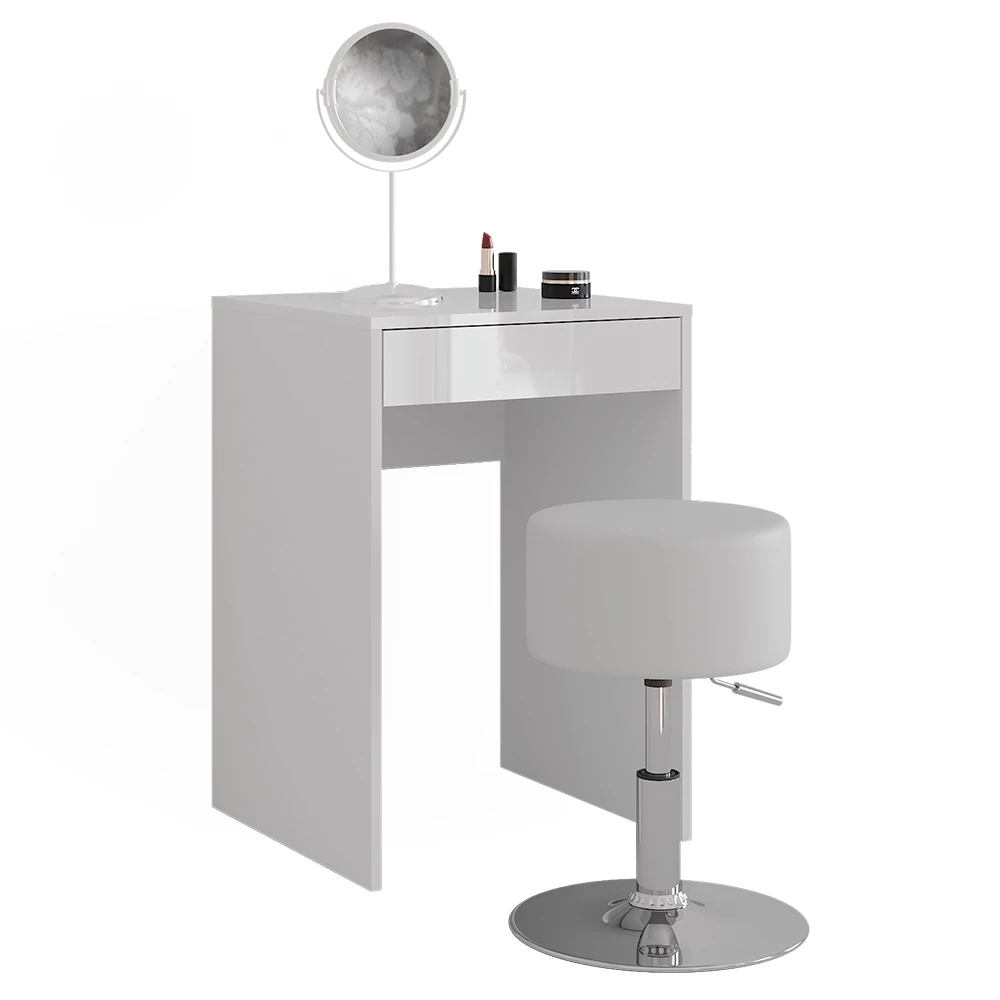 Makeupbord i farven Hvid/hvid højglans på hvid baggrund med dekorative elementer