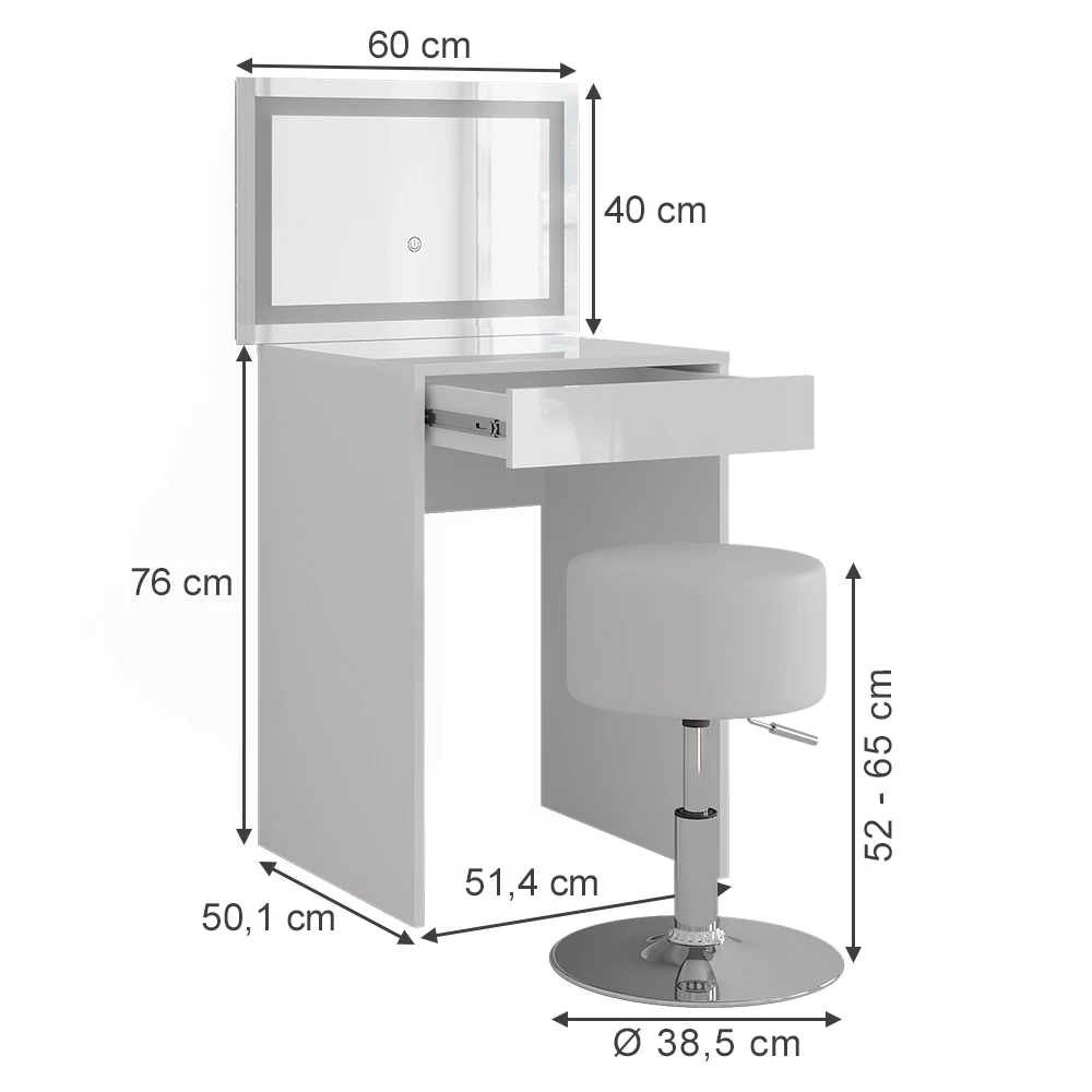 Kaptafel set met kruk in Wit/wit hoogglans op een witte achtergrond met zichtbare afmetingen