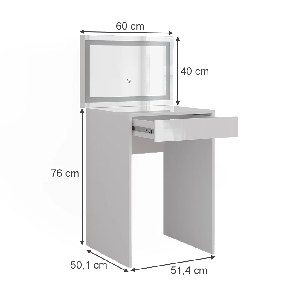 Schminktisch in Weiß/Weiß Hochglanz auf weißem Hintergrund mit sichtbaren Maßen