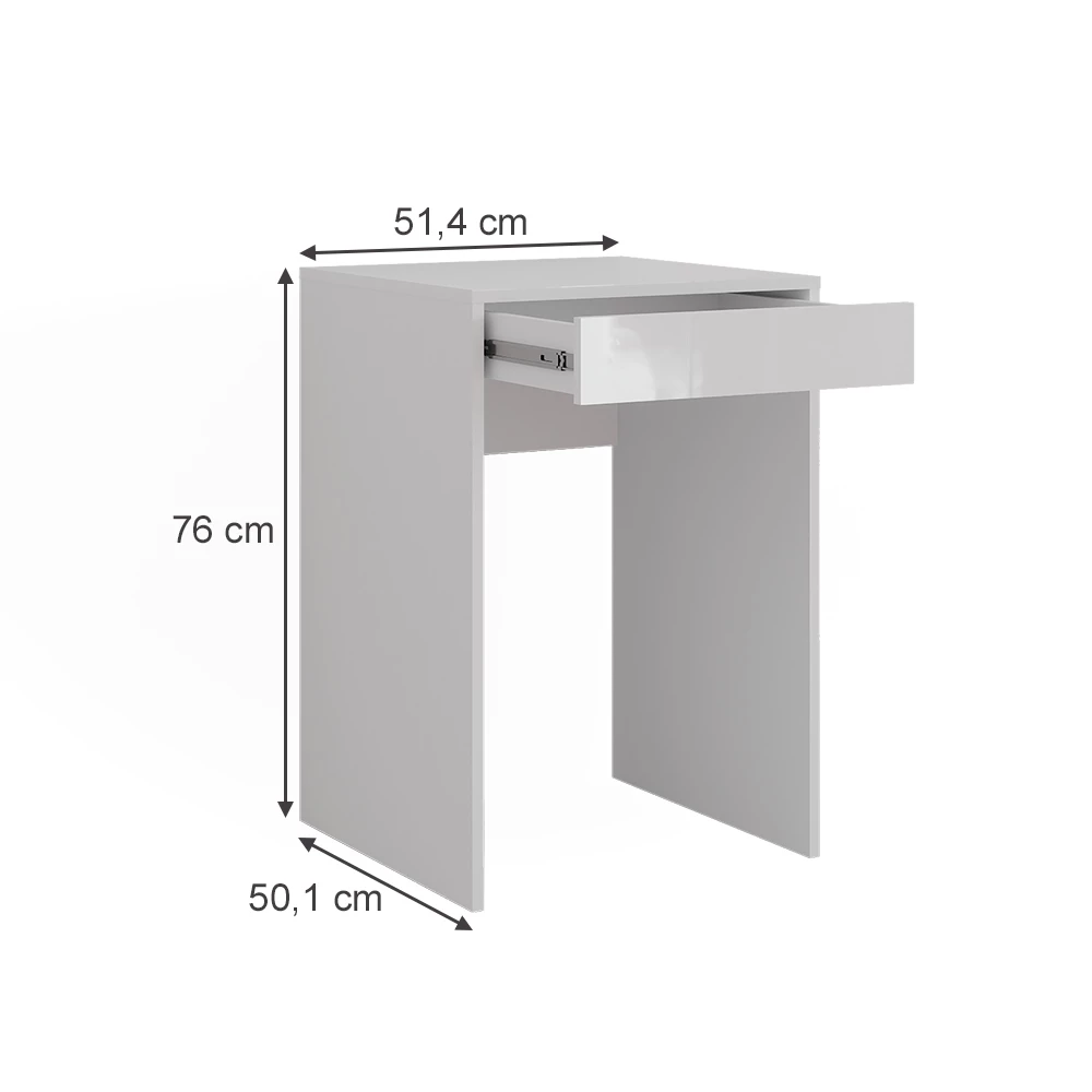 Schminktisch in Weiß/Weiß Hochglanz auf weißem Hintergrund mit sichtbaren Maßen