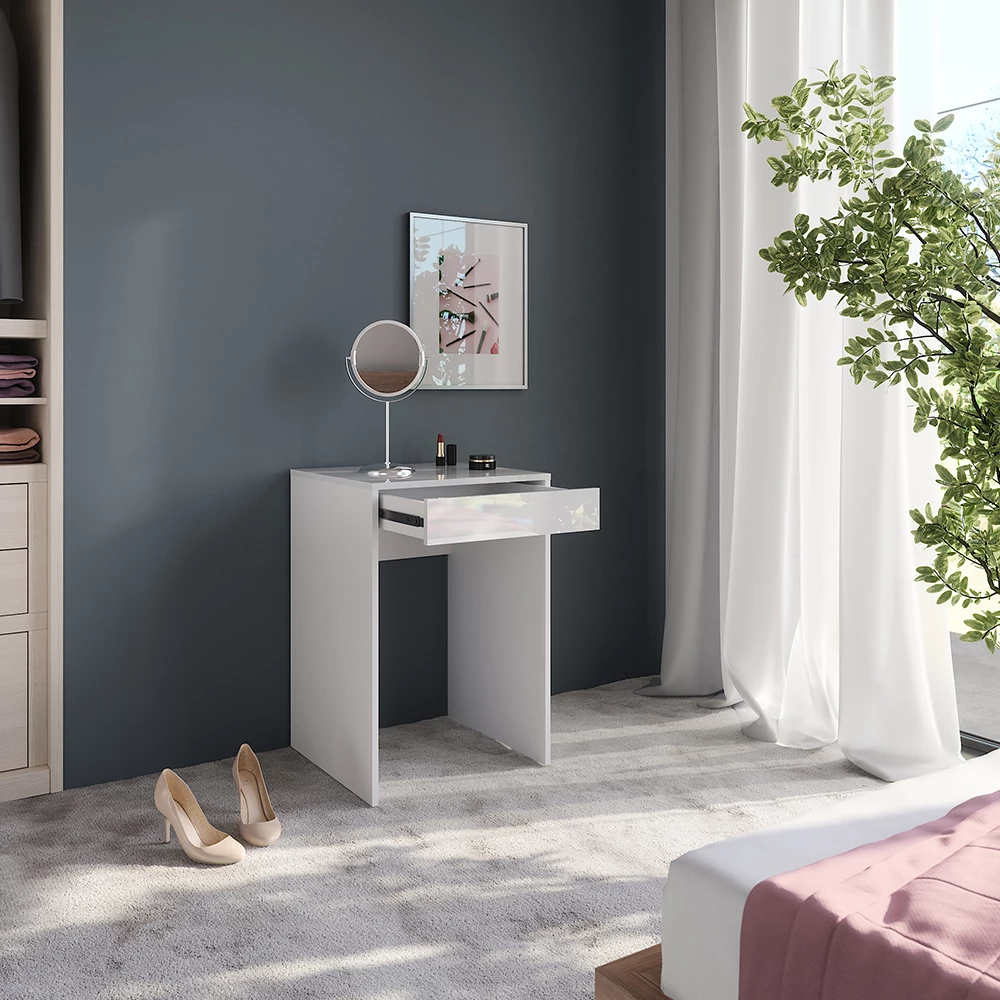 Nahaufnahme von Schminktisch in Weiß/Weiß Hochglanz, zeigt Design- und Oberflächendetails