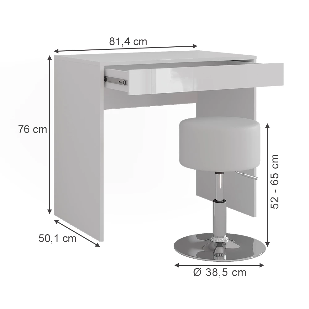 Makeupbord i farven Hvid/hvid højglans på hvid baggrund med synlige dimensioner