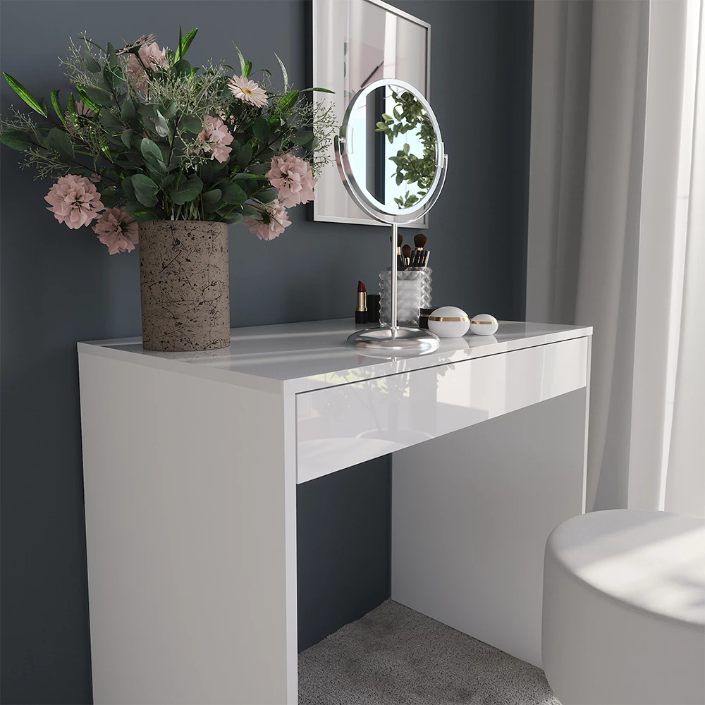 Nærbillede af Makeupbord i farven Hvid/hvid højglans, der viser struktur/detaljer