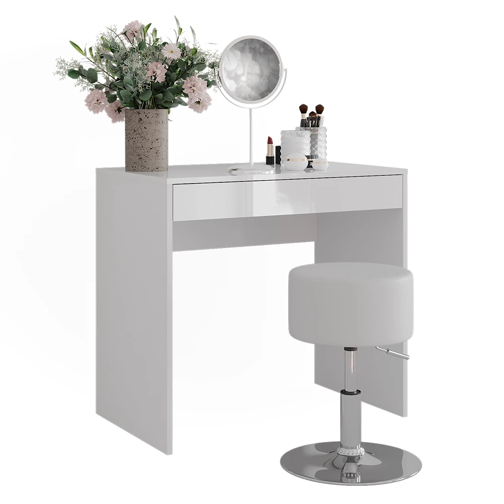 Makeupbord i farven Hvid/hvid højglans på hvid baggrund med dekorative elementer