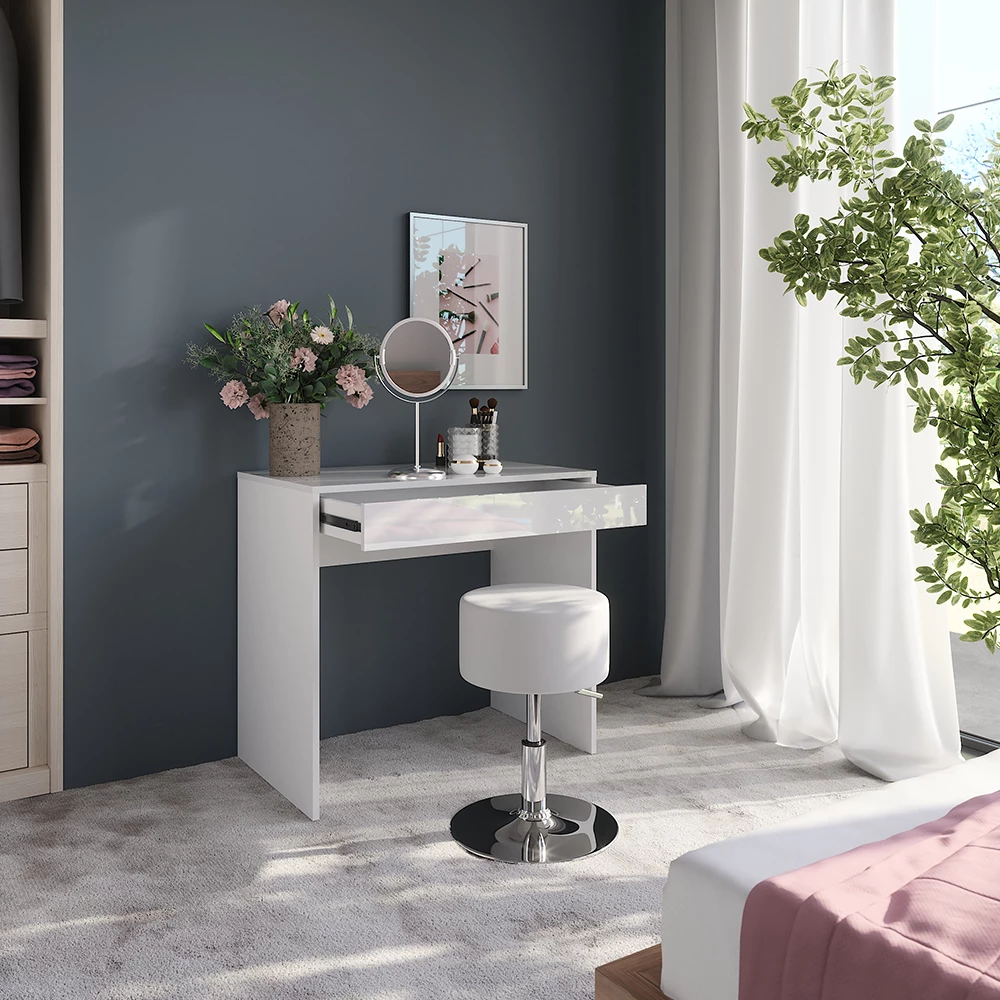 Nærbillede af Makeupbord i farven Hvid/hvid højglans, der viser design og overfladedetaljer