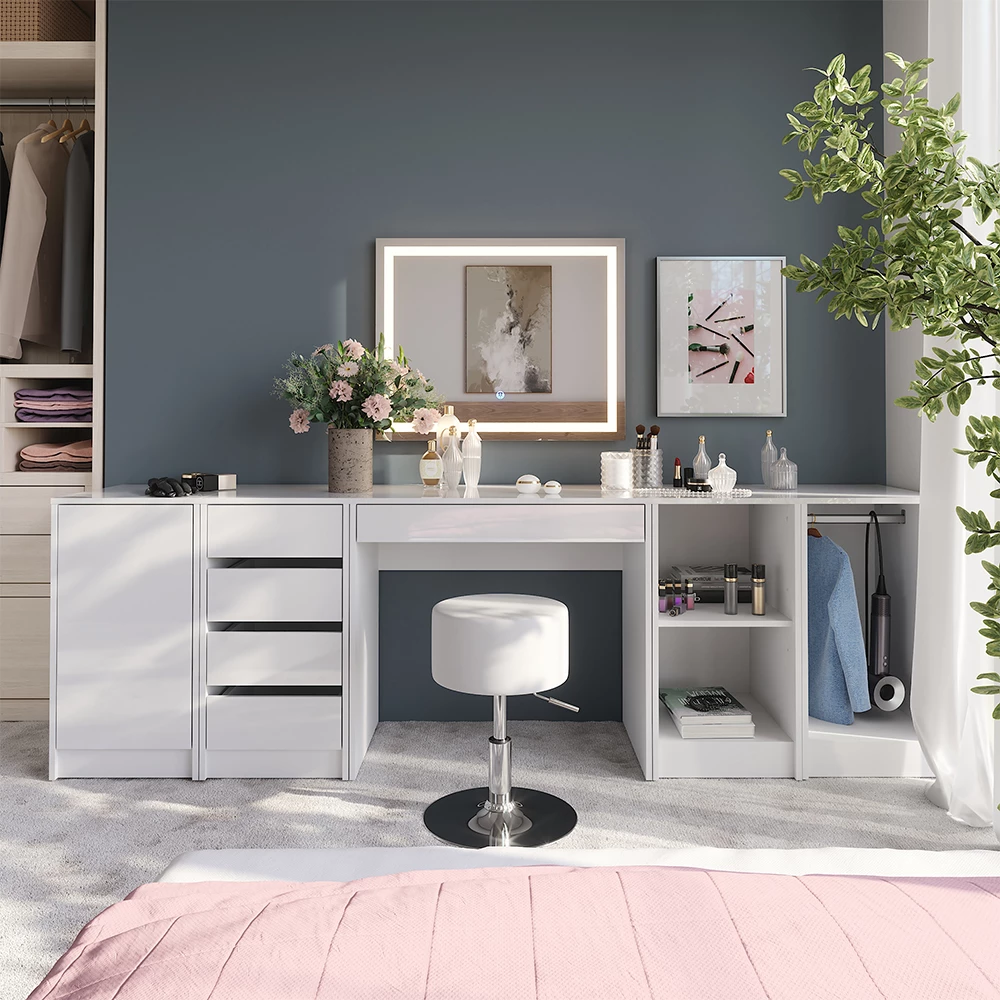 Makeupbord Sherry Hvid/hvid højglans 81.4 cm med afføring Vicco