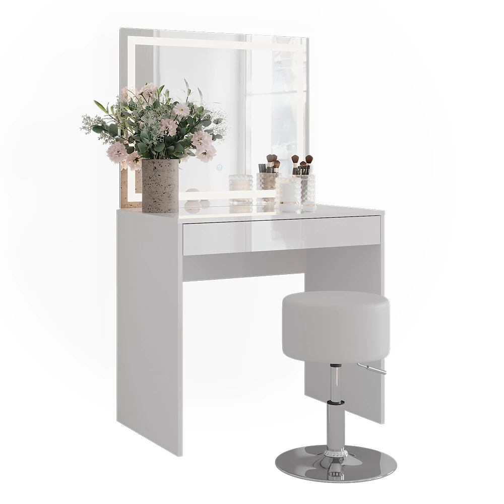 Stół do toalety w kolorze Biały/biały wysoki połysk na białym tle z elementami dekoracyjnymi