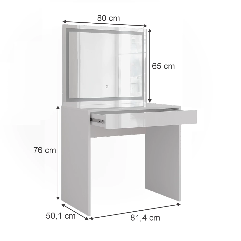Schminktisch in Weiß/Weiß Hochglanz auf weißem Hintergrund mit sichtbaren Maßen