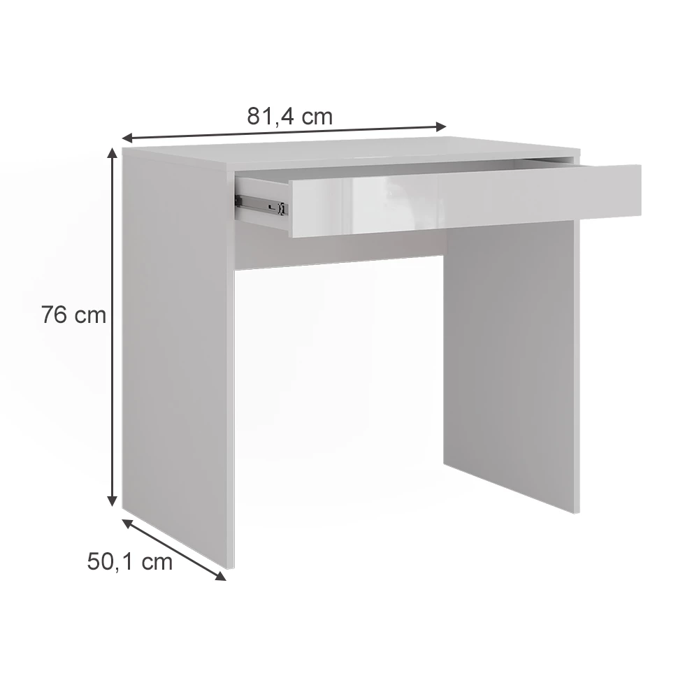 Coiffeuse en blanc/blanc brillant sur fond blanc avec dimensions visibles