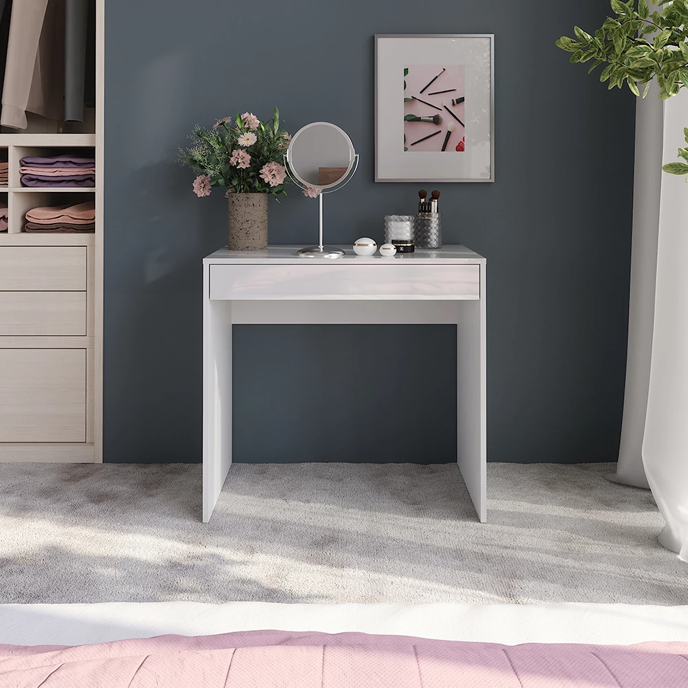 Coiffeuse en blanc/blanc brillant, présenté dans un décor ambiant avec décoration