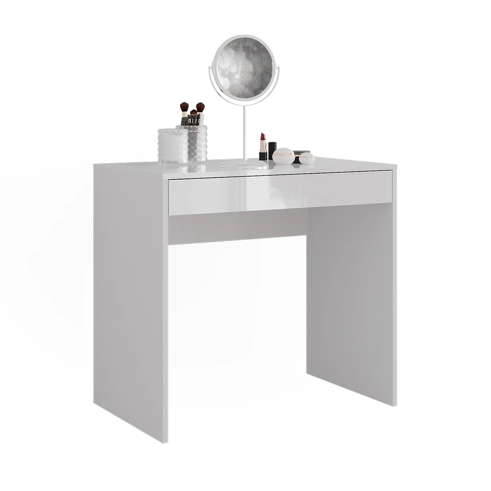 Coiffeuse en blanc/blanc brillant sur fond blanc avec des éléments décoratifs