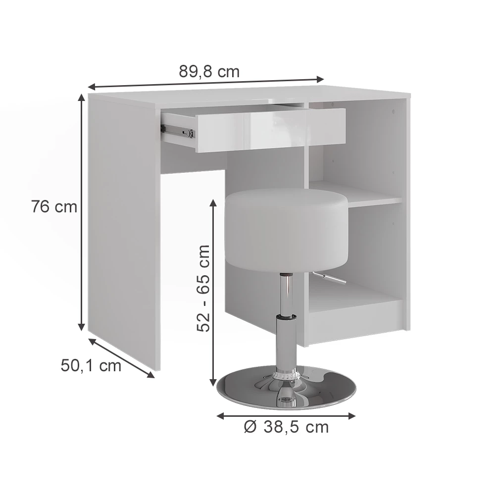 Makeupbord i farven Hvid/hvid højglans på hvid baggrund med synlige dimensioner