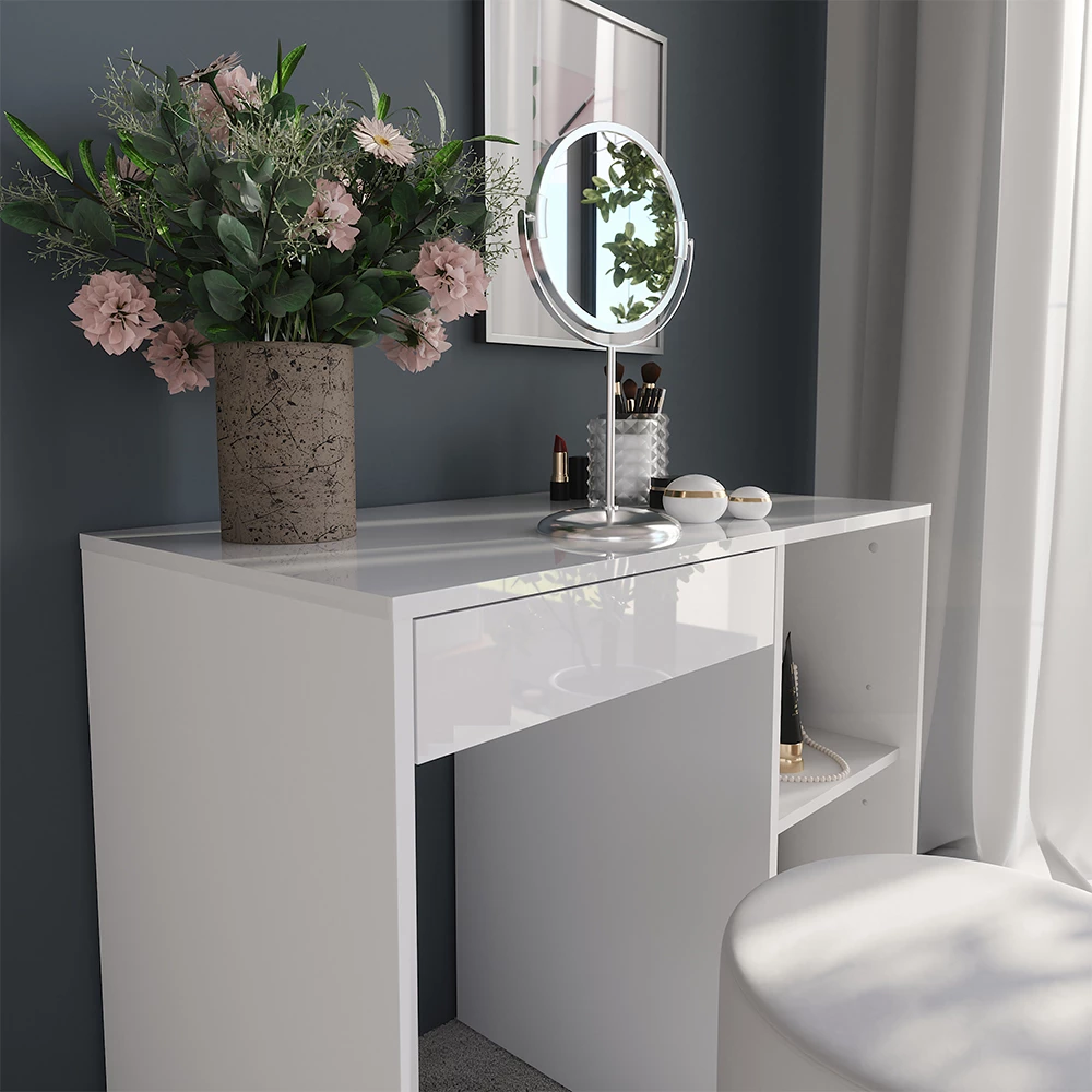 Nærbillede af Makeupbord i farven Hvid/hvid højglans, der viser struktur/detaljer