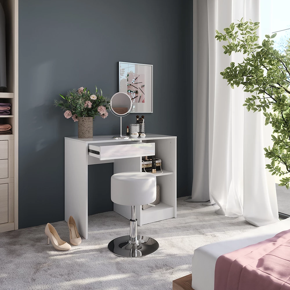 Nærbillede af Makeupbord i farven Hvid/hvid højglans, der viser design og overfladedetaljer